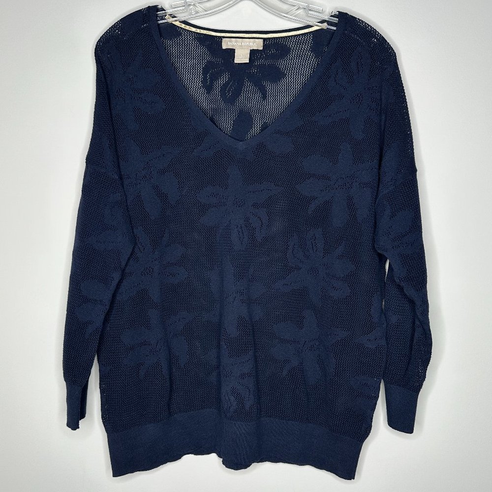 Banana Republic Size L Navy V-Neck 3/4 Sleeve Semi-Sheer Sweater